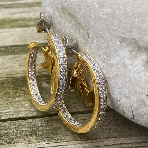 Danbury Mint Initial Hoop Earrings 14k gold plated w/ Diamonisse diamonds K & M - Picture 1 of 13